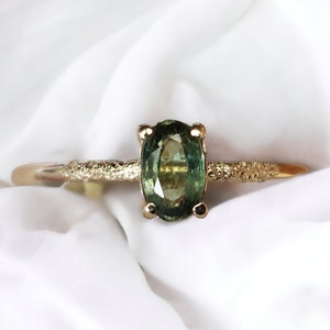 Solid Gold Green Sapphire Wedding Ring, Oval Cut Sapphire Yellow Gold Ring, 9ct Gold Sapphire Stacking Ring, Sapphire Gift For Her