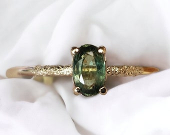 Solid Gold Green Sapphire Wedding Ring, Oval Cut Sapphire Yellow Gold Ring, 9ct Gold Sapphire Stacking Ring, Sapphire Gift For Her