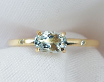 18k Gold Oval Cut Aquamarine Ring For Women/ Gold Aquamarine Engagement Ring/ 6x4mm Oval Aquamarine Stacking Ring/ Large Aquamarine Ring