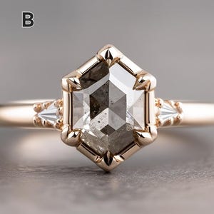 Salt and Pepper Diamond Engagement Ring, 14K Gold Hexagon Ring, Vintage Inspired Diamond Ring, 1 Carat Diamond Ring, Engagement Ring For Her