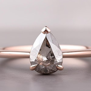 Rose Gold Salt and Pepper Diamond Engagement Ring, Rose Cut Pear Diamond Wedding Ring, Galaxy Diamond Wedding Ring, Unique Diamond Ring