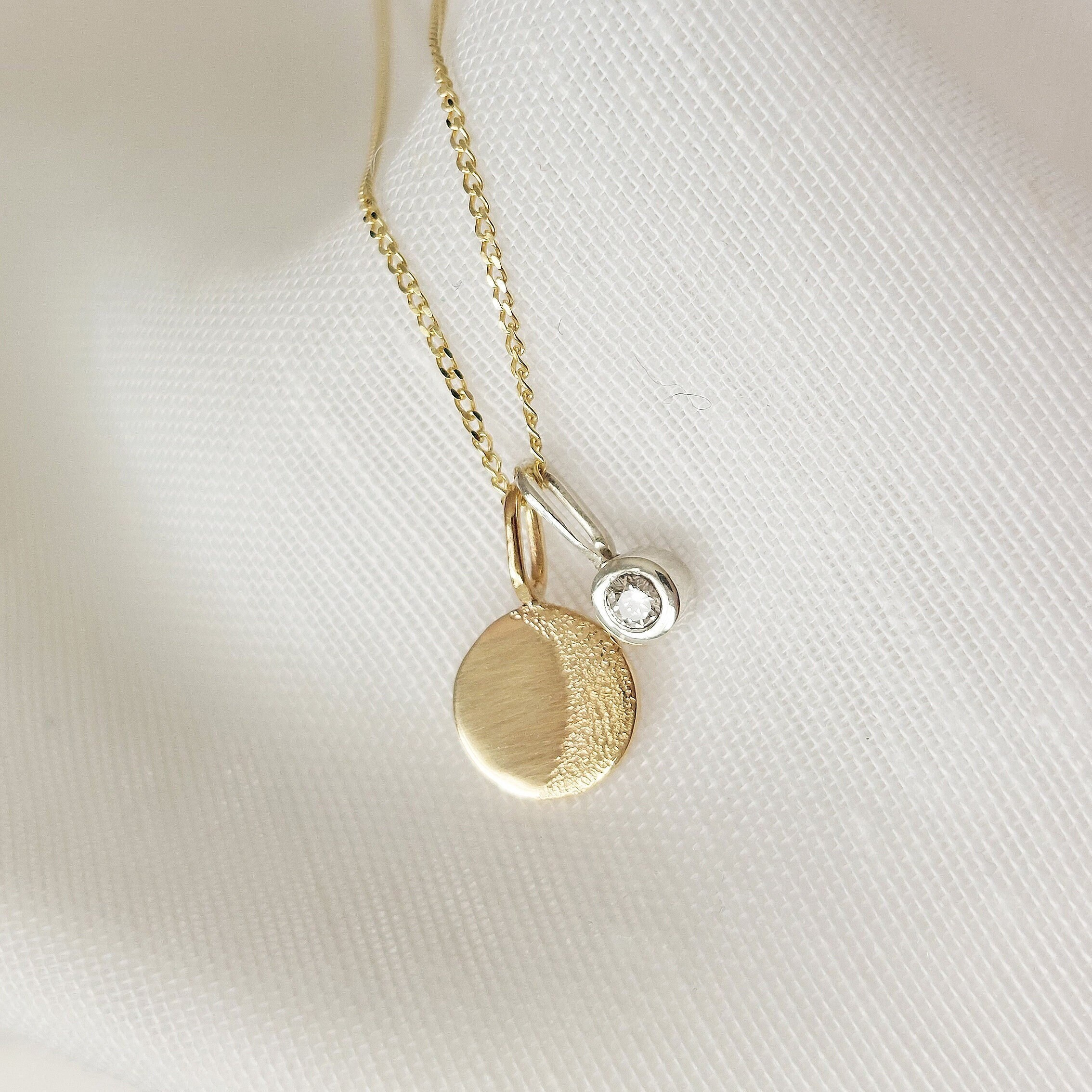 9ct Yellow Gold and White Gold Necklace Necklace For Women Diamond Disc Necklace Crescent Moon Pendant Necklace Gold Layering Necklace