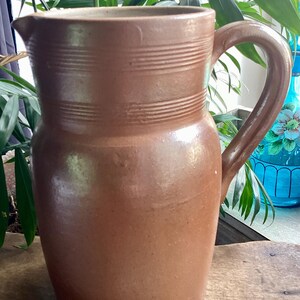 May include: A brown ceramic pitcher with a handle and a spout. The pitcher has horizontal ridges near the top and a smooth, glossy finish. The background includes green plants and a blue vase.