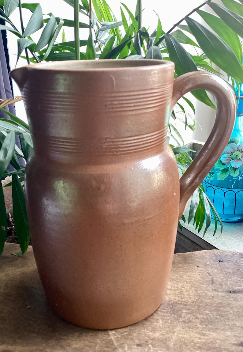 May include: A brown ceramic pitcher with a handle and a spout. The pitcher has horizontal ridges near the top and a smooth, glossy finish. The background includes green plants and a blue vase.