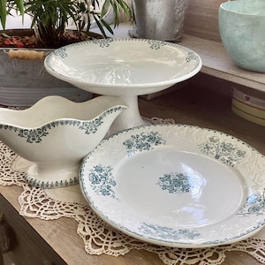 Set 3 Antique French St Amand Terre de Fer Cake Stand, Saucière and Serving plate