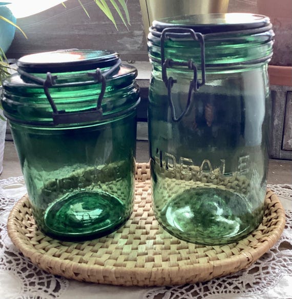 Set 2 French Vintage 1l & 750mls L'Ideale Grüne Glas Vorratsdosen