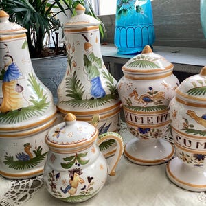 Set 5 French Vintage Ceramic Faience Oil & Vinegar Mustard Spices Hand Painted