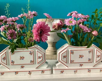 Rare Two Antique French Ceramic Floral Art Deco 1930s Vases Bookends Moulin des Loups