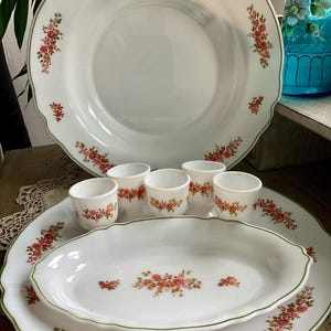 Set of French Retro Vintage Arcopal Rosebud 3 serving plates and 5 egg cups