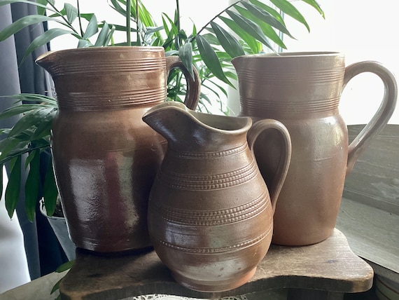 Set 3 French Vintage Brown Country Stoneware Glazed Jugs Clay Pitchers