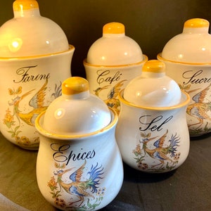 Rare Set Five French Vintage 1940s Ceramic Kitchen Canisters Storage Jars Bird design Farine Café Sucre Epices Sel
