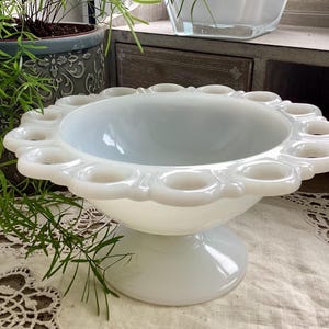 Vintage 1950s Anchor Hocking Milk Opaline Glass candy dish lace edge