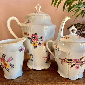 Vintage French Tea Shop Limoges 1950s/60s Porcelain 3-piece Set Coffee Café Pot Milk Jug Sugar Bowl Retro Pink Lilac Floral