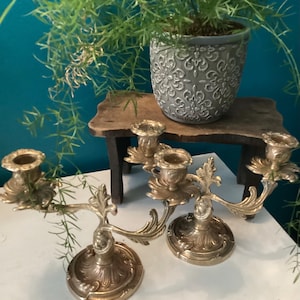 Pair Antique Brass French Louis XVI Candlestick holders Bougeoirs vintage