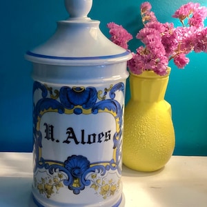 French Vintage Apothecary Pharmacy Aloes Jar Canister Porcelain D & T Paris France