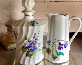 Vintage Limoges Violet Flower Vanity Set Haviland Pitcher and Floral Decanter