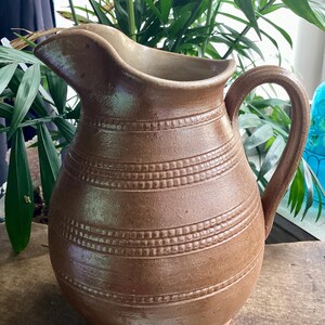 May include: A brown ceramic pitcher with a handle and spout. The pitcher has horizontal bands of textured detailing around the body. The pitcher is sitting on a wooden surface, with green plants in the background. The pitcher is likely used for serving beverages.