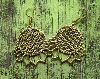 Earrings Brass Mandala Flower of life lotus / Boucles d'oreilles Mandala en Laiton Boho Geometric - Lotus Earrings - Yoga Earrings - Flower