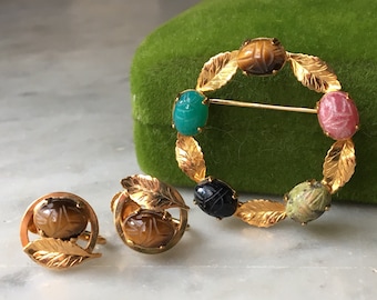 Vintage 12K Gold Filled Scarab Beetle Demi Parure: Brooch & Earrings Set