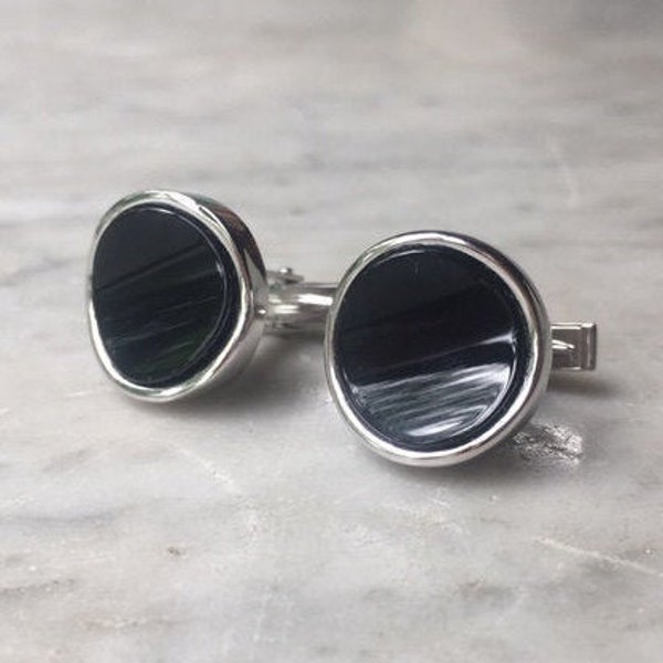 Vintage Sterling Silver Black Curved Circle Abstract Cufflinks Cuff Links In Box // Dolan Bullock Designer Men's Suit Accessory Gift for Him