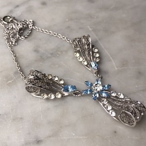 Vintage Art Deco Sterling Silver Rhinestone Flower Necklace