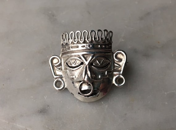 Vintage Sterling Silver 925 Mayan Warrior Mask Br… - image 2