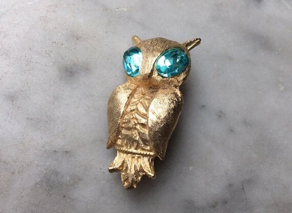 Vintage Figural Great Horned Owl Brooch Pin Aqua … - image 4