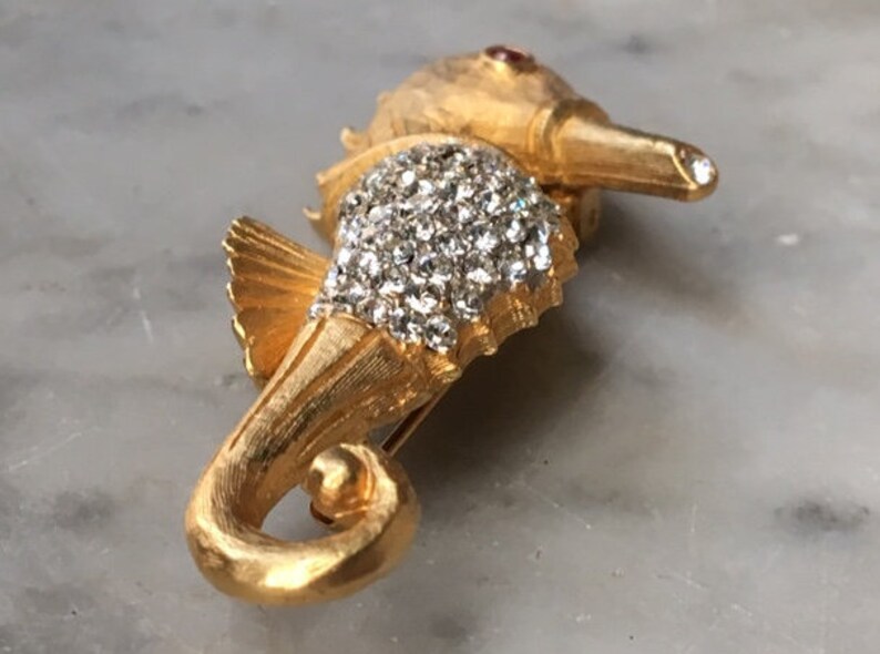 Vintage Rhinestone Seahorse Red Eye Gold Brushed Figural Brooch Pin Aquatic Marine Life Sea Animal Beach Theme Costume Estate Jewelry Brooches Pins Clips Brooches Somoto Cz