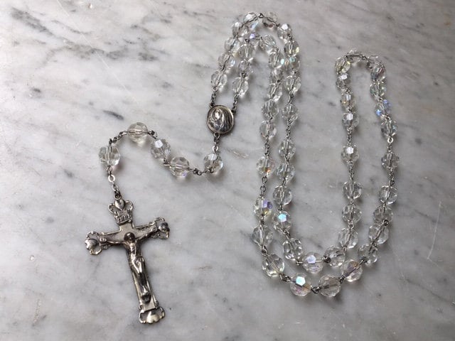 ヴィンテージ ロザリオ ネックレス ヴィンテージ硝子 グリーン INRI