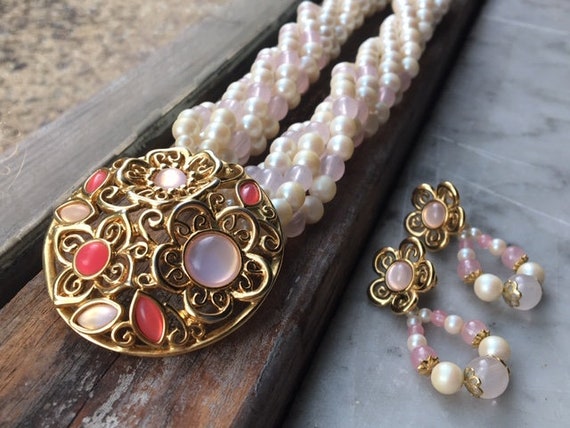 Vintage Trifari Necklace Earrings Set: Pink Moonglow, Floral Medallion