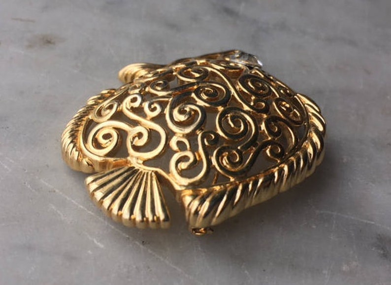 Vintage Trifari Figural Angel Fish Brooch Pin Gold Tone Rhinestone Eye Openwork Scroll Swirl Tropical Undersea Marine Animal Costume Jewelry