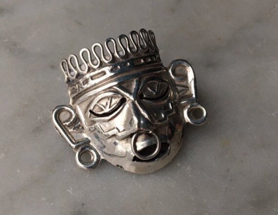Vintage Sterling Silver 925 Mayan Warrior Mask Br… - image 5