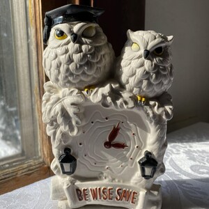 Vintage Ceramic Owl Piggy Bank Be Wise Save / Hand Painted Collectible Clock Statue Figurine / Mid-Century Retro Kitsch Winking Bird