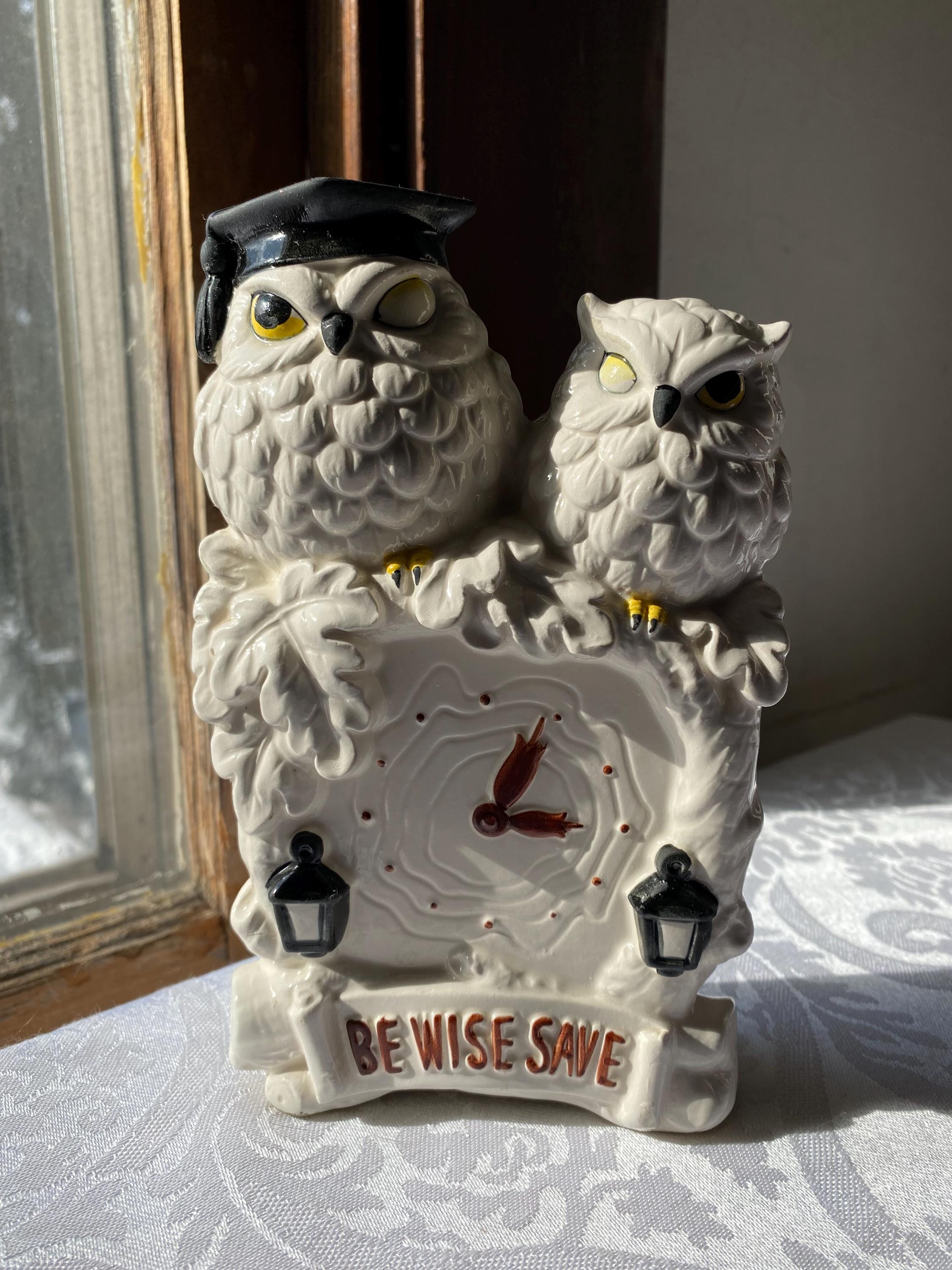 Vintage Ceramic Owl Piggy Bank Clock Statue, Hand Painted  display picture 1