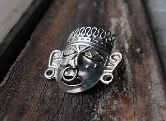 Vintage Sterling Silver 925 Mayan Warrior Mask Br… - image 3