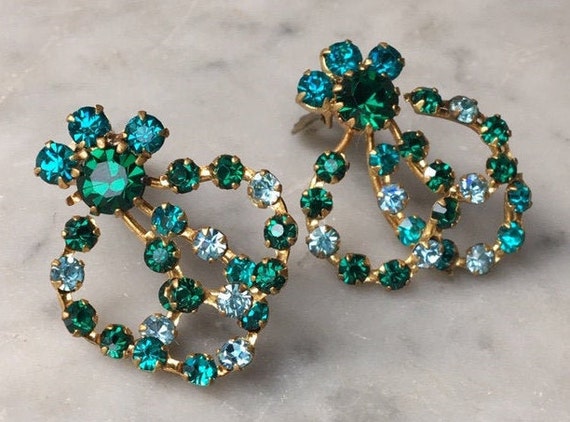 Vintage Austrian Blue Green Rhinestone Swirl Bouq… - image 4