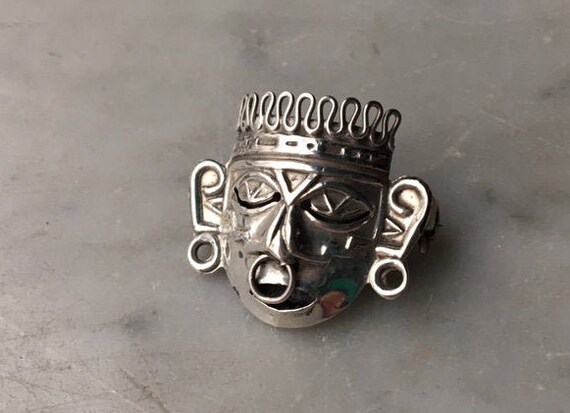 Vintage Sterling Silver 925 Mayan Warrior Mask Br… - image 4