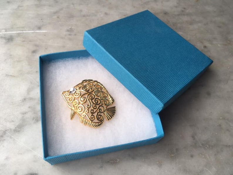Vintage Trifari Figural Angel Fish Brooch Pin Gold Tone Rhinestone Eye Openwork Scroll Swirl Tropical Undersea Marine Animal Costume Jewelry