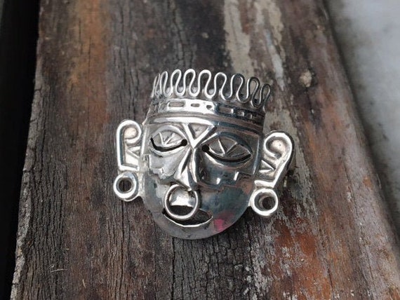 Vintage Sterling Silver 925 Mayan Warrior Mask Br… - image 1