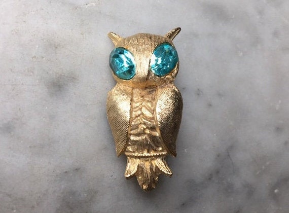 Vintage Figural Great Horned Owl Brooch Pin Aqua … - image 2