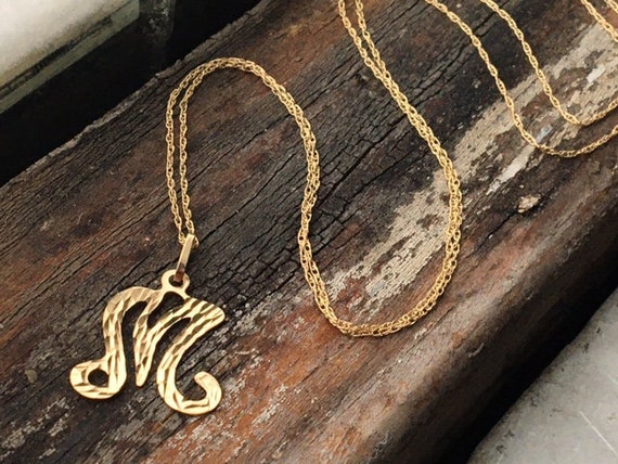 Vintage 10K Gold Letter M Necklace, Diamond Cut Initial Pendant