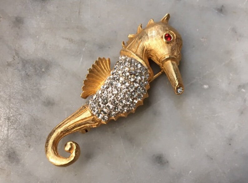 Vintage Rhinestone Seahorse Red Eye Gold Brushed Figural Brooch Pin Aquatic Marine Life Sea Animal Beach Theme Costume Estate Jewelry Brooches Pins Clips Brooches Somoto Cz