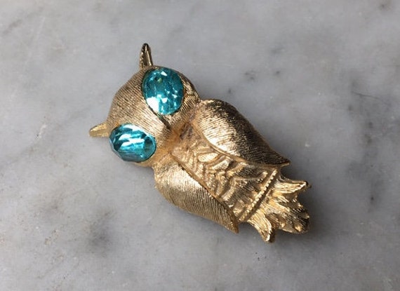 Vintage Figural Great Horned Owl Brooch Pin Aqua … - image 3