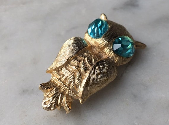 Vintage Figural Great Horned Owl Brooch Pin Aqua … - image 6