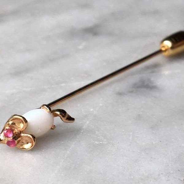 Vintage 14K Gold Red Ruby Gemstone Eyes Opal Jelly Belly Figural Mouse Stick Pin // 14 Karat Hat Tie Lapel Stickpin Gem Stone Animal Jewelry