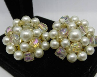 Pearl and Aurora Borealis Crystal Cluster Clip On Earrings