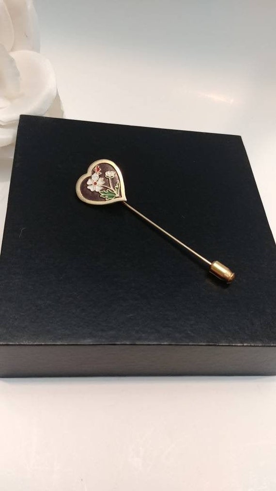 Cloisonne Heart Flower Stick Pin, Vintage Butterfl