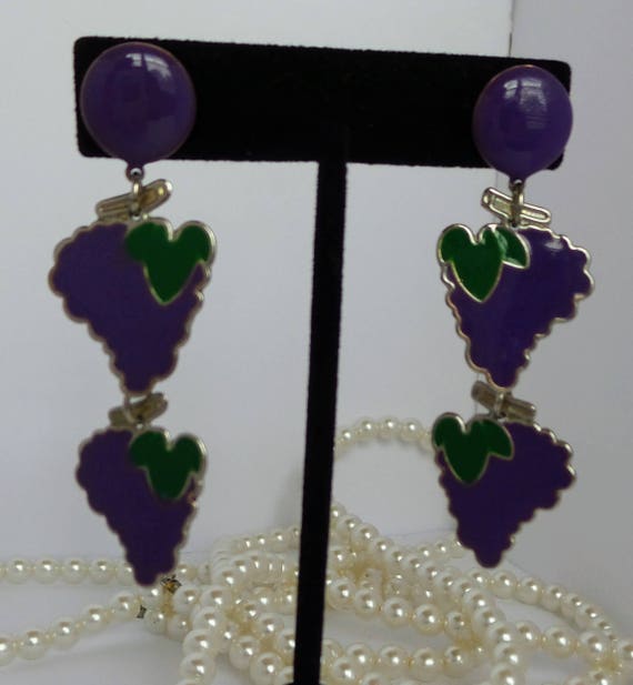 Purple Enamel Grape Drop Earrings - image 2