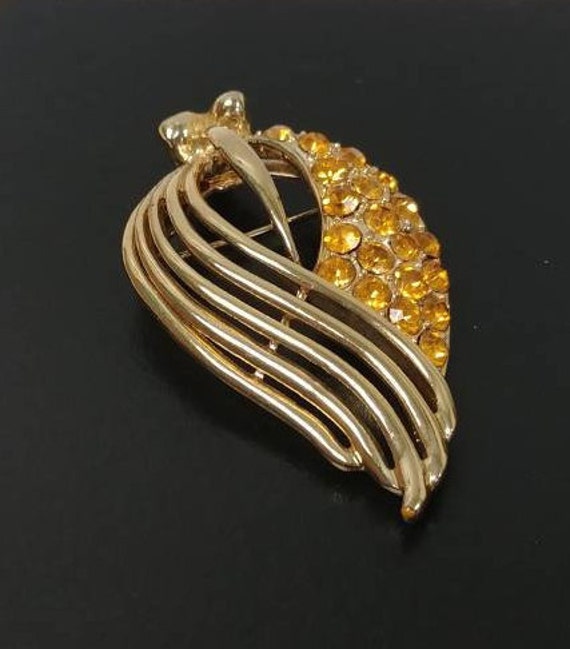 Coro Yellow Rhinestone Gold Brooch, Vintage Signe… - image 2