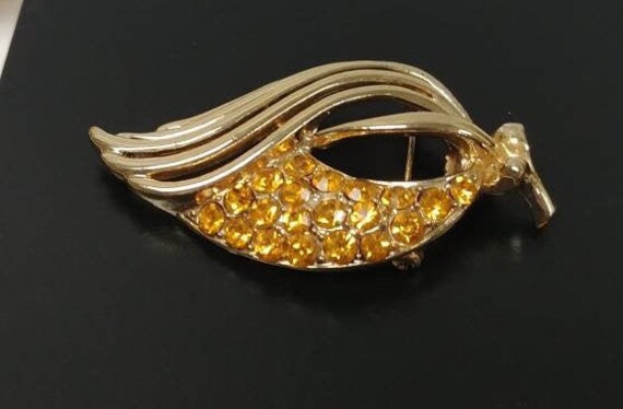 Coro Yellow Rhinestone Gold Brooch, Vintage Signe… - image 3